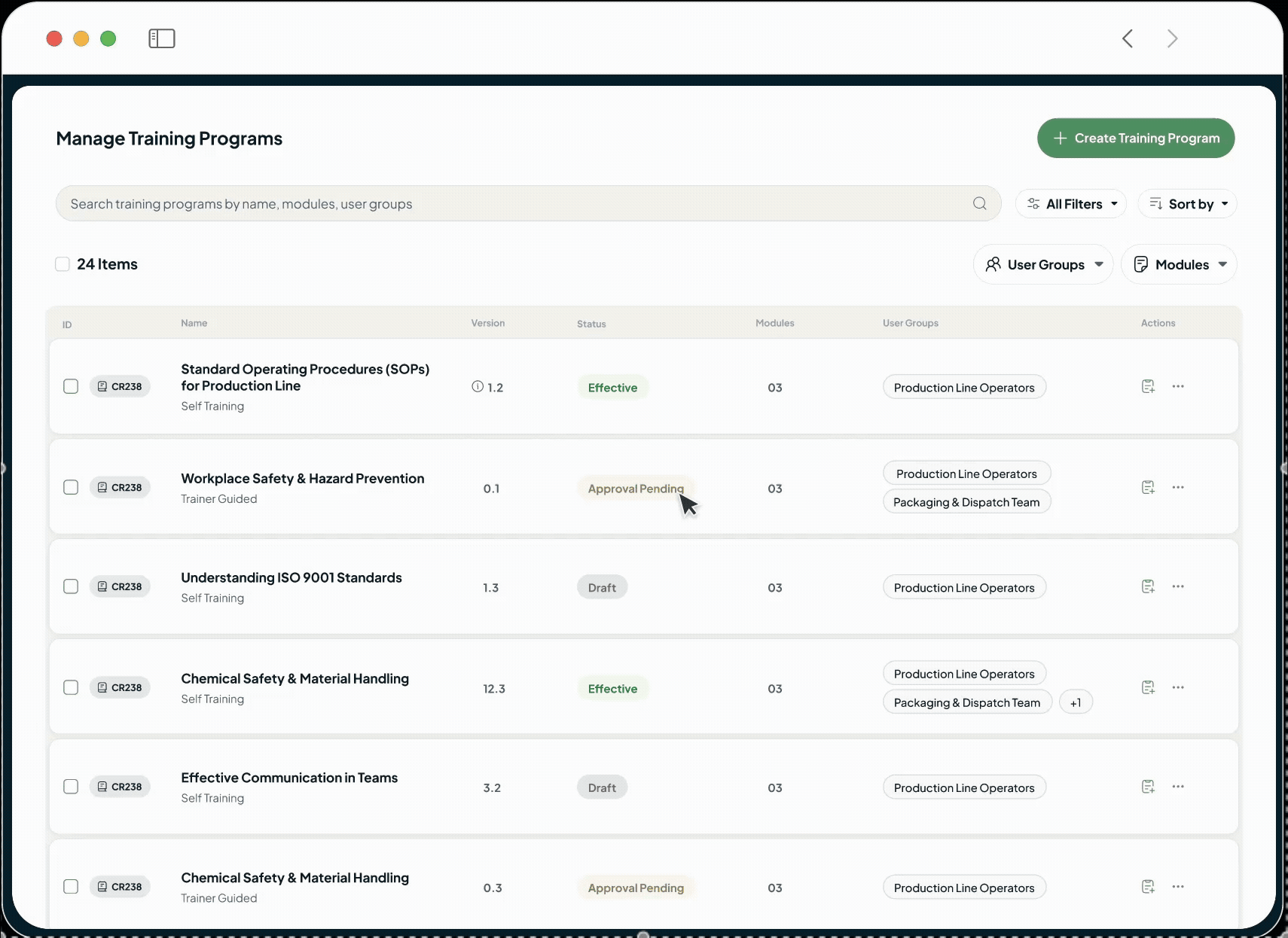 Learning Management System interface